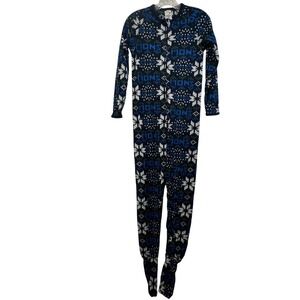 Lands End Kids Navy Fair Isle Snowflake Fleece Footed One Piece Pajamas Size 12